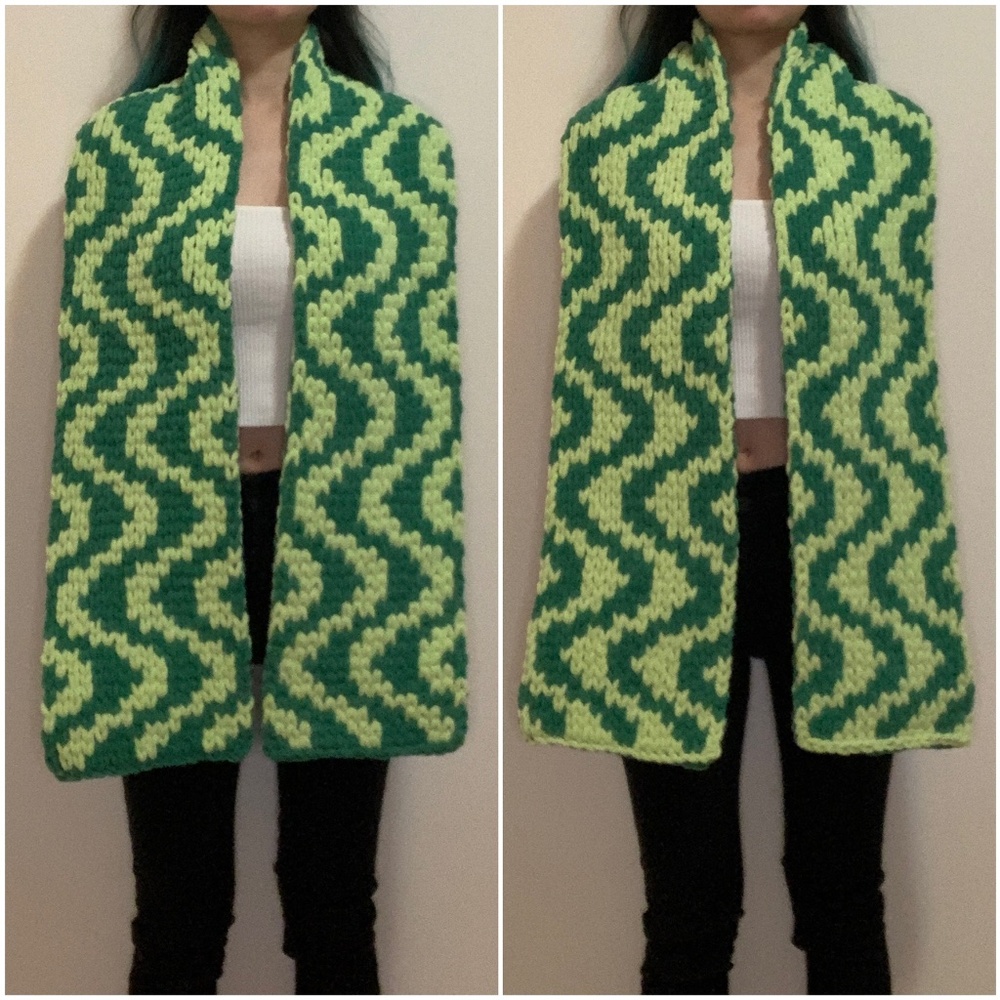 Handknit Green Wavy Y2k Striped Pattern Chunky Chenille Knit Scarf Handmade Gift